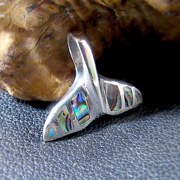 Solid 925 Sterling Silver Whale Tail Slide Pendant with Abalone Shell Inlay - Picture 4 of 11